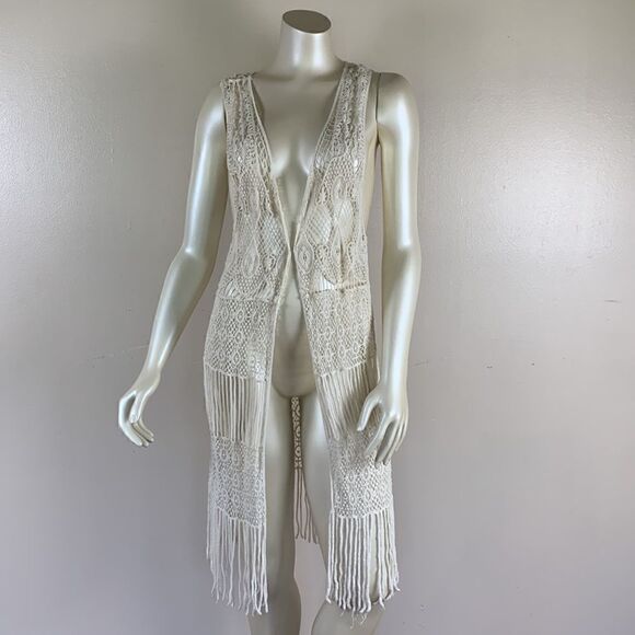 Women’s crocheted long fringes vest medium boho bohemian by buttons - Picture 1 of 12